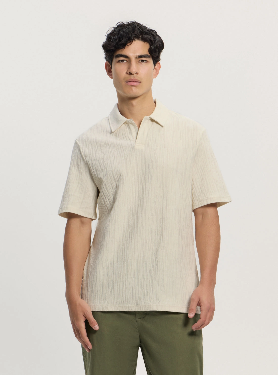 Nautical Look Beige Loose Fit Knitted Polo Shirt