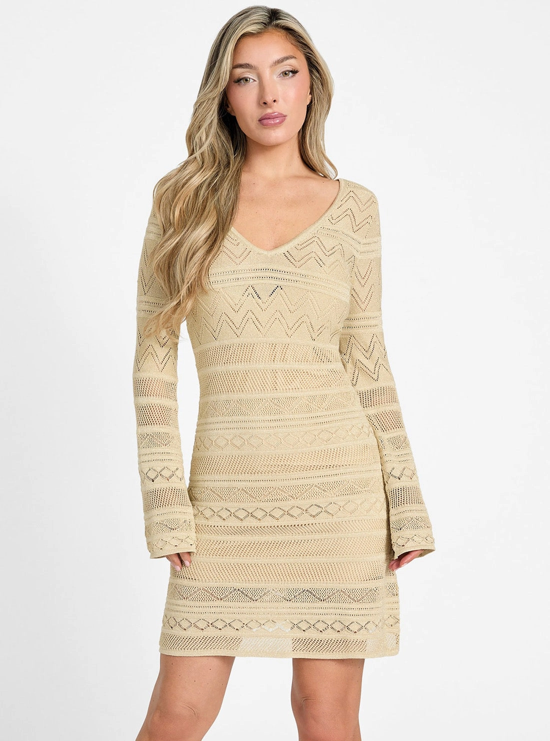 Beige Nellie Mini Sweater Dress Body Fit Decorative-Design