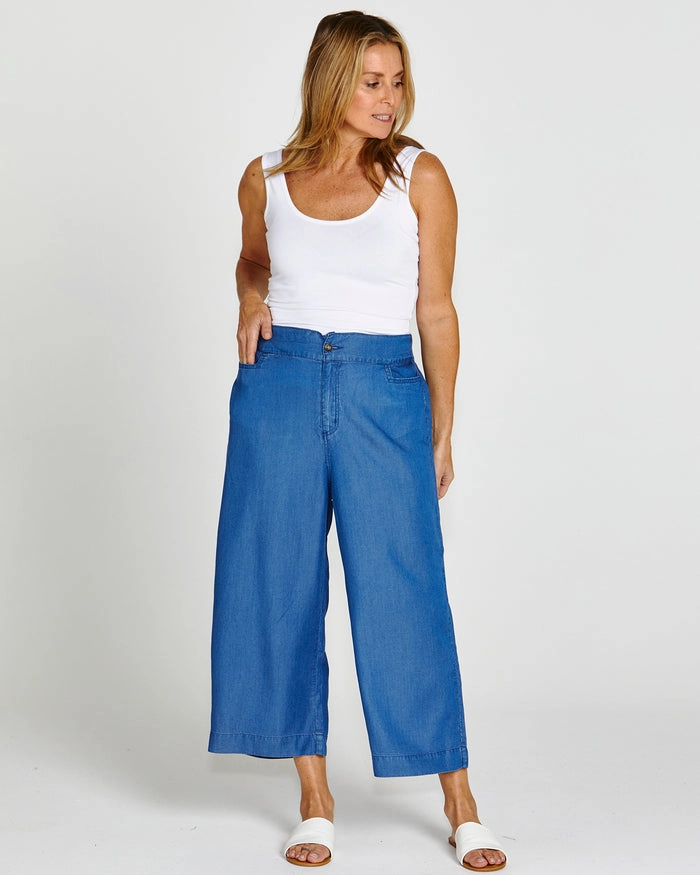 Betty Basics Apollo Bay Lyocell Crop Pant Antique Indigo Ultra light School Sports Plus Size