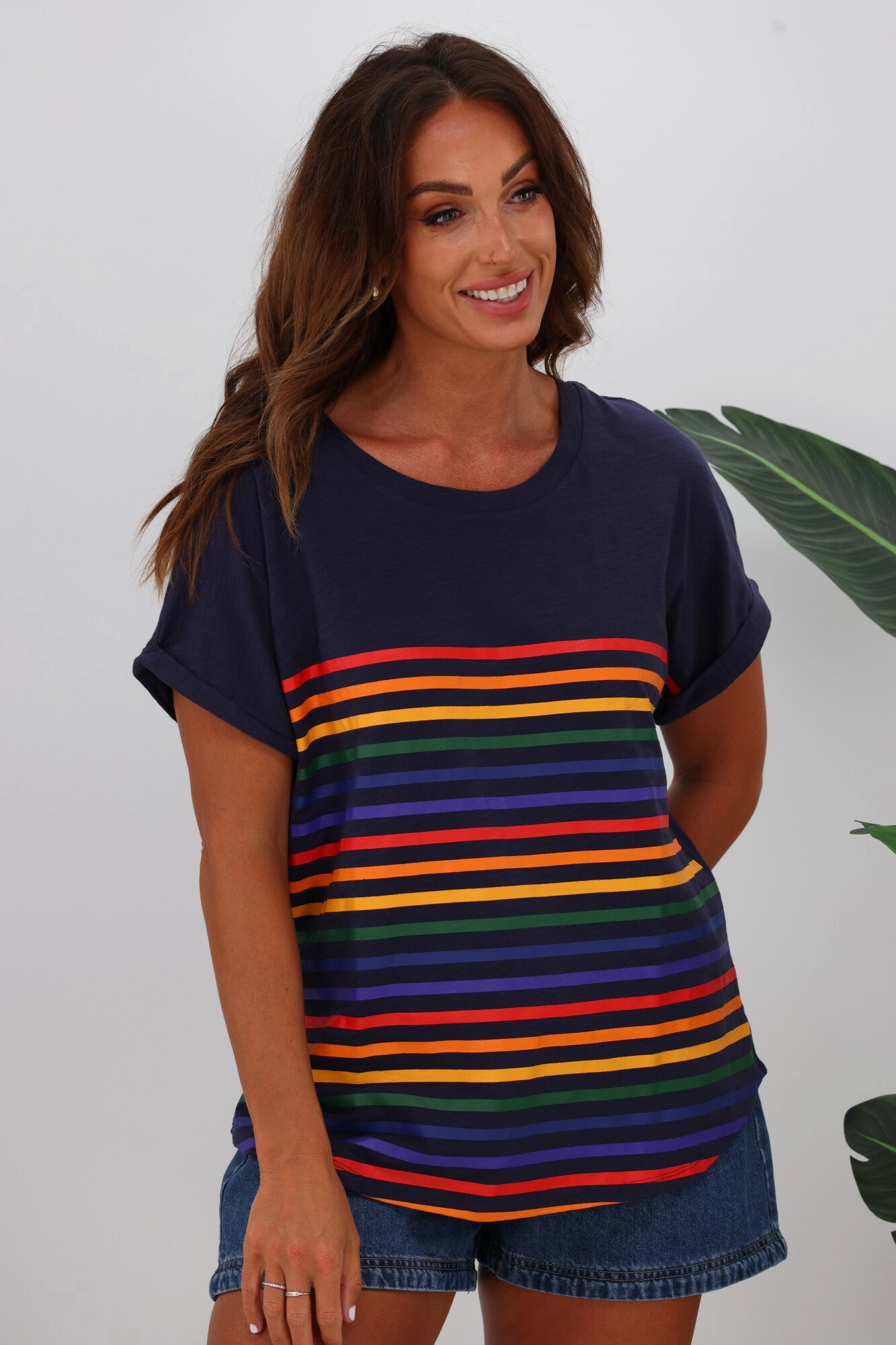 Fashion and Comfort Betty Basics Hailey Short Sleeve Tee Blue Rainbow Stripe