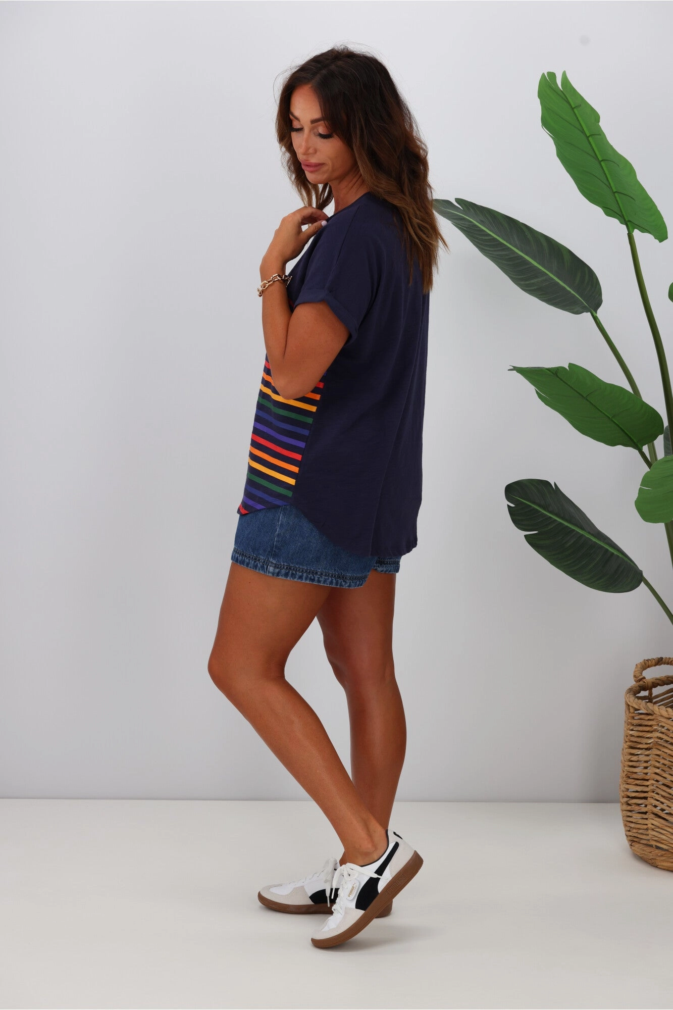 Betty Basics Hailey Short Sleeve Tee Blue Rainbow Stripe Breathable mesh panel Sleek Waistband
