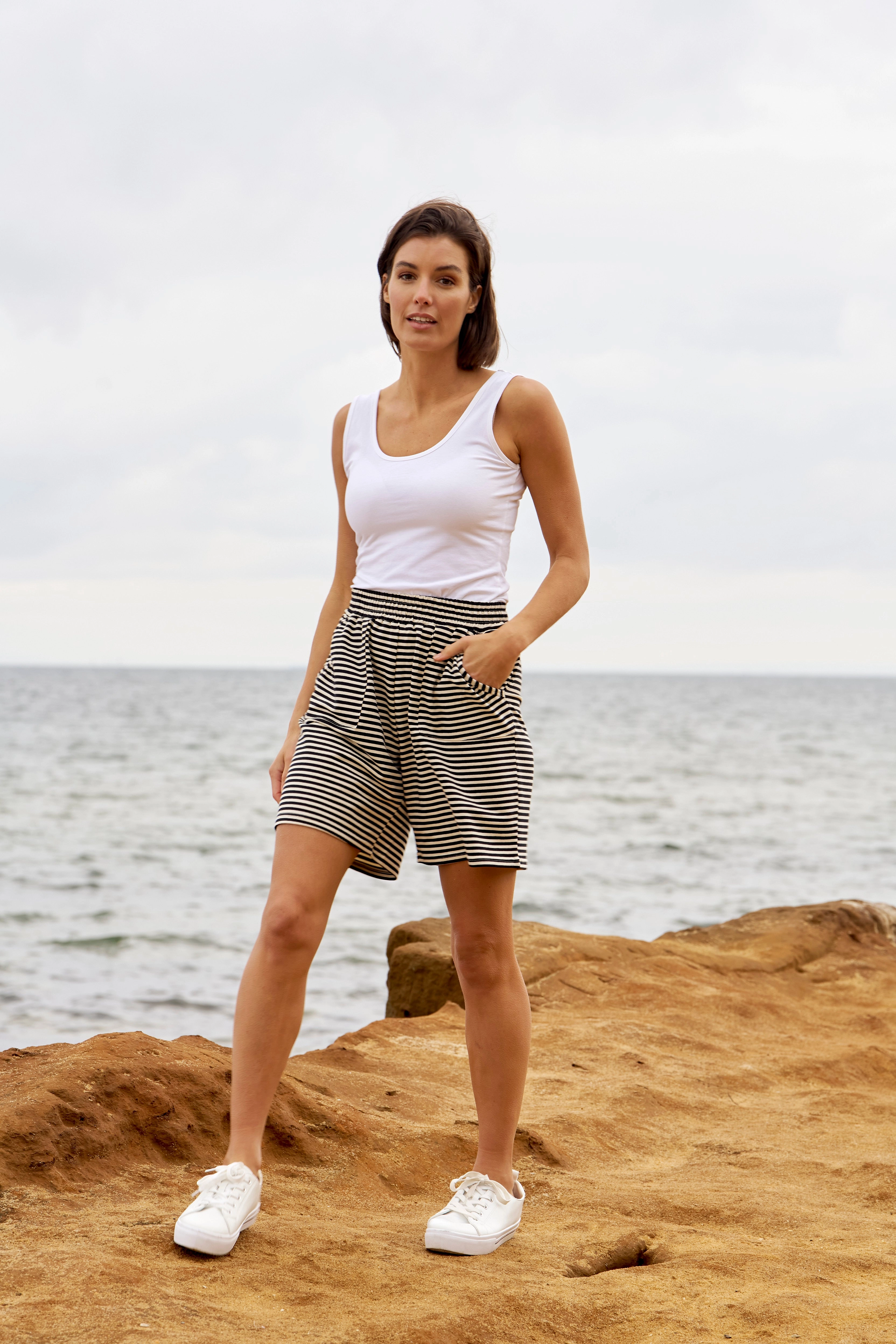 Betty Basics Harvard Short Cream & Black Stripe Sport Layer FlexibleMobility