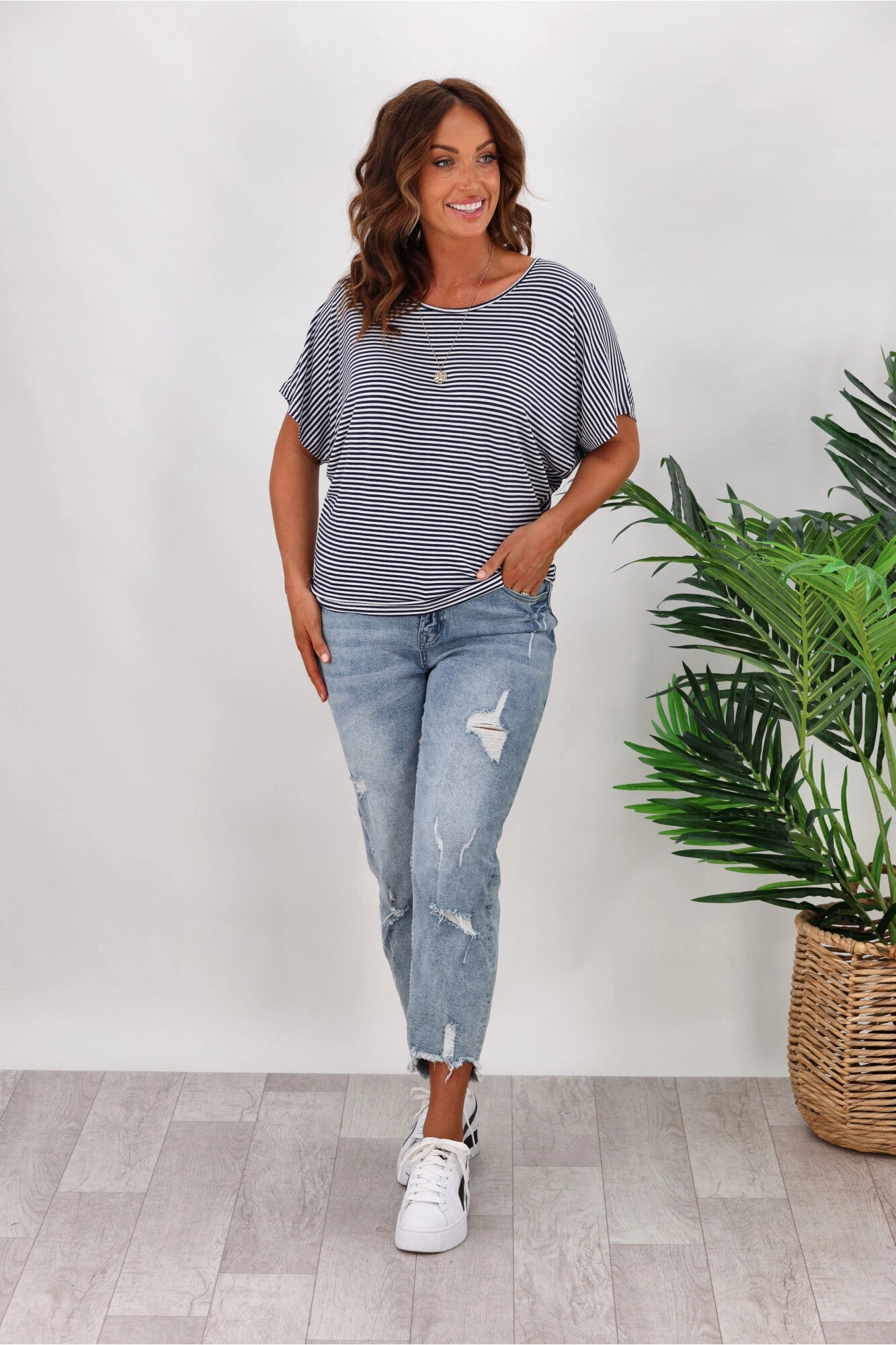 Ergonomic Cut Betty Basics Maui Tee In Blue/White Stripe