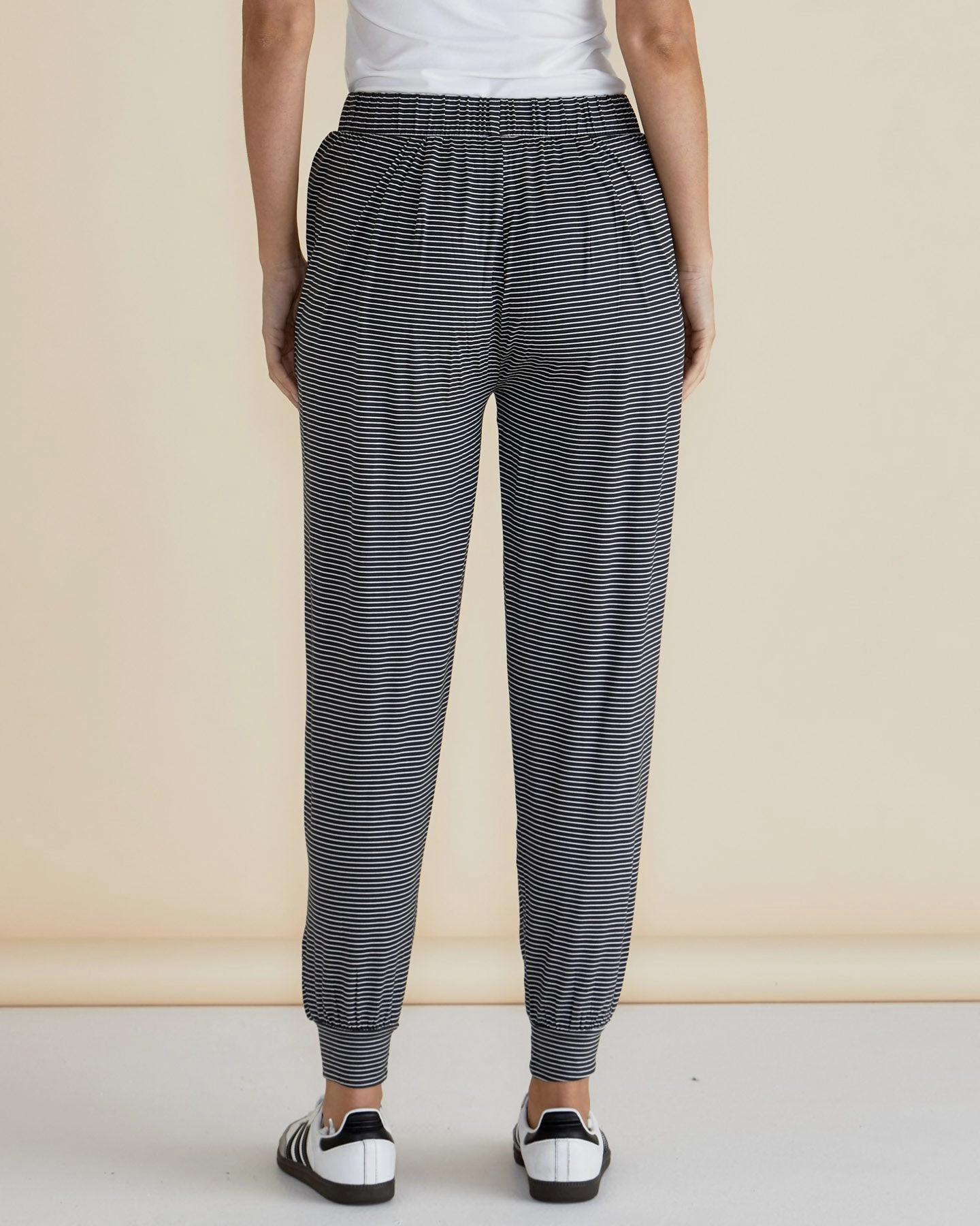 Pro Athlete Travel Outfit Betty Basics Paris Pant Charcoal Stripe