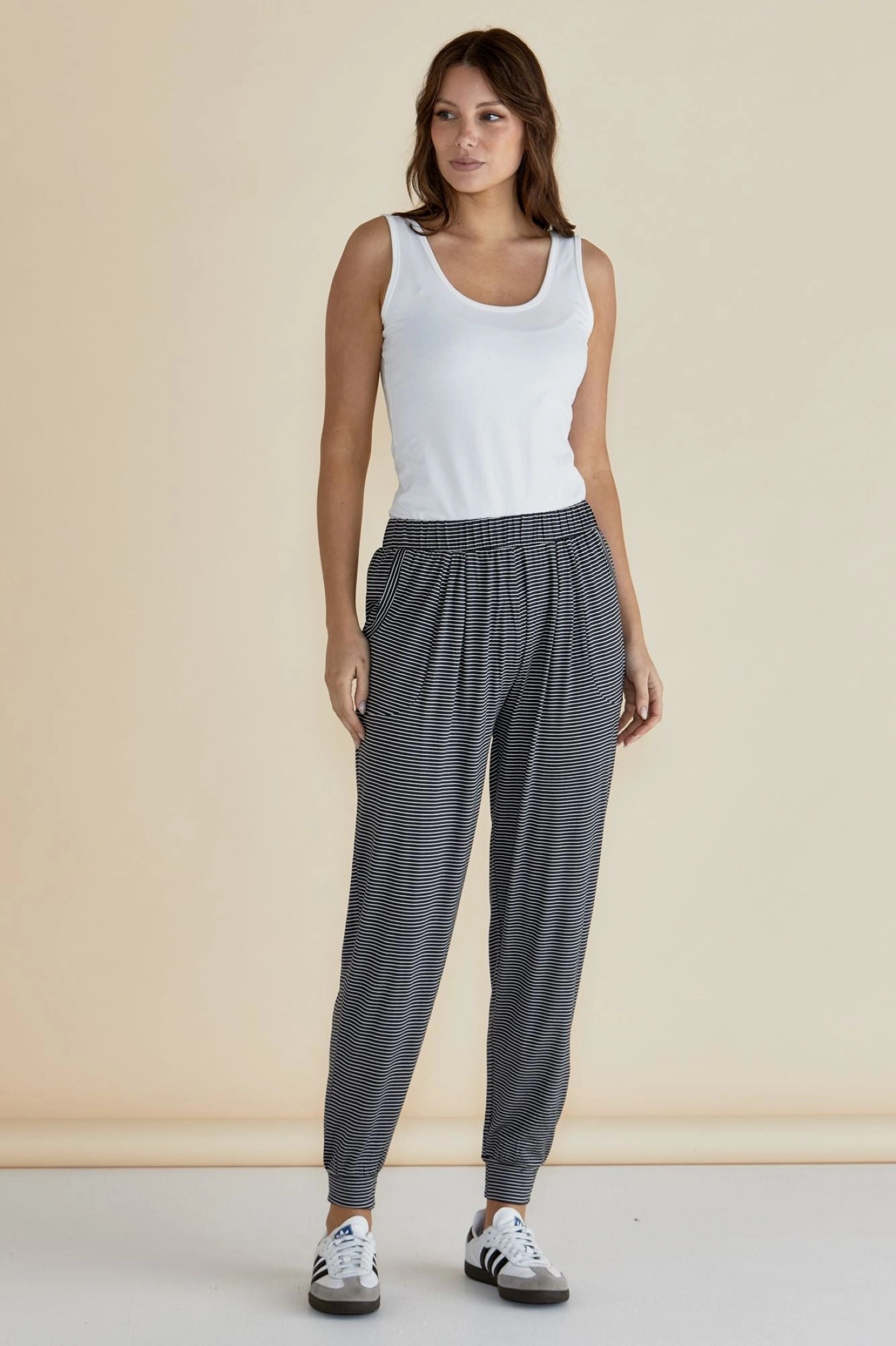 Betty Basics Paris Pant Charcoal Stripe Recycled Polyester Blend Smooth Lining Technology