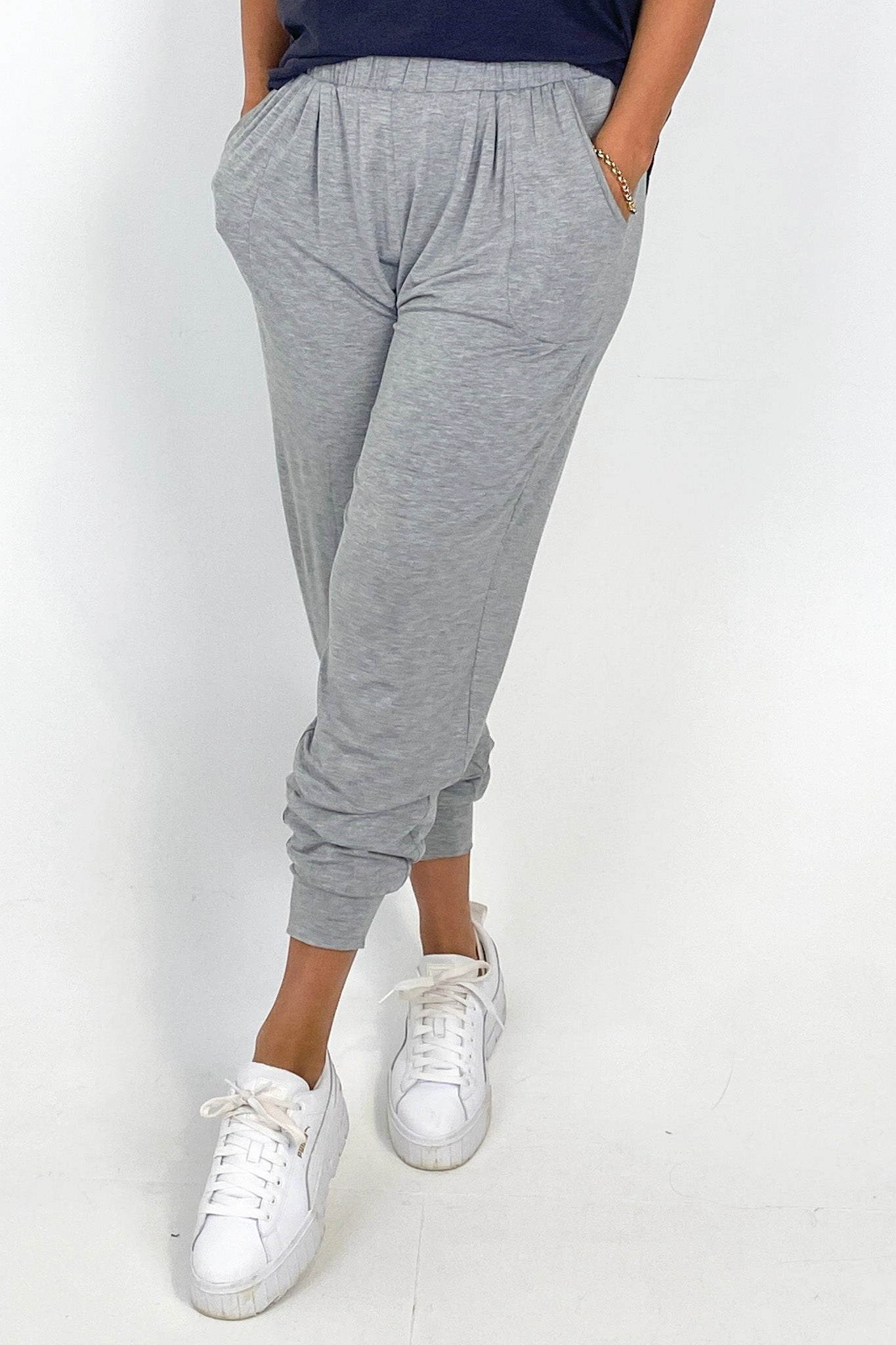 Betty Basics Paris Pant Grey Marle Rib Knit Comfort Seeker