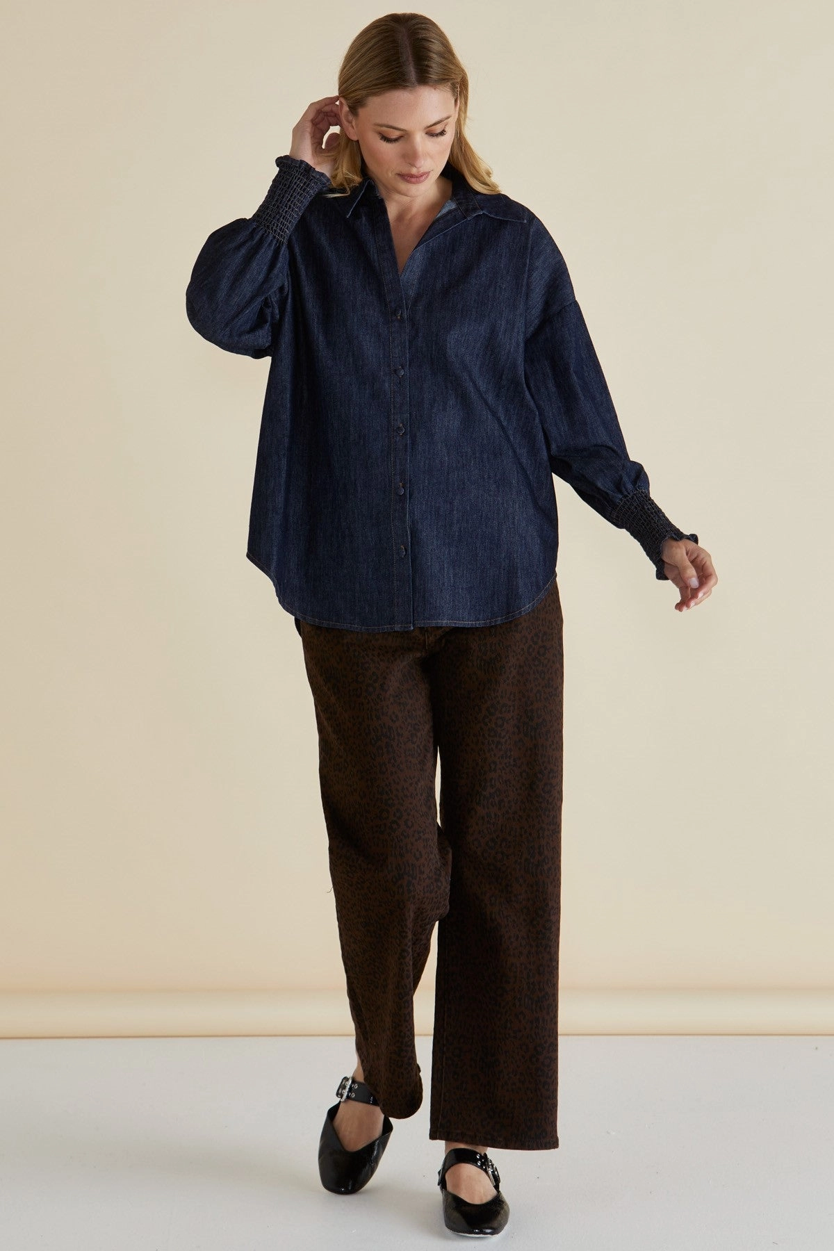 Elastic Wear Dance Practice Seamless Design Betty Basics Steffie Relax Straight Leg Jean Leopard Chocolate Print