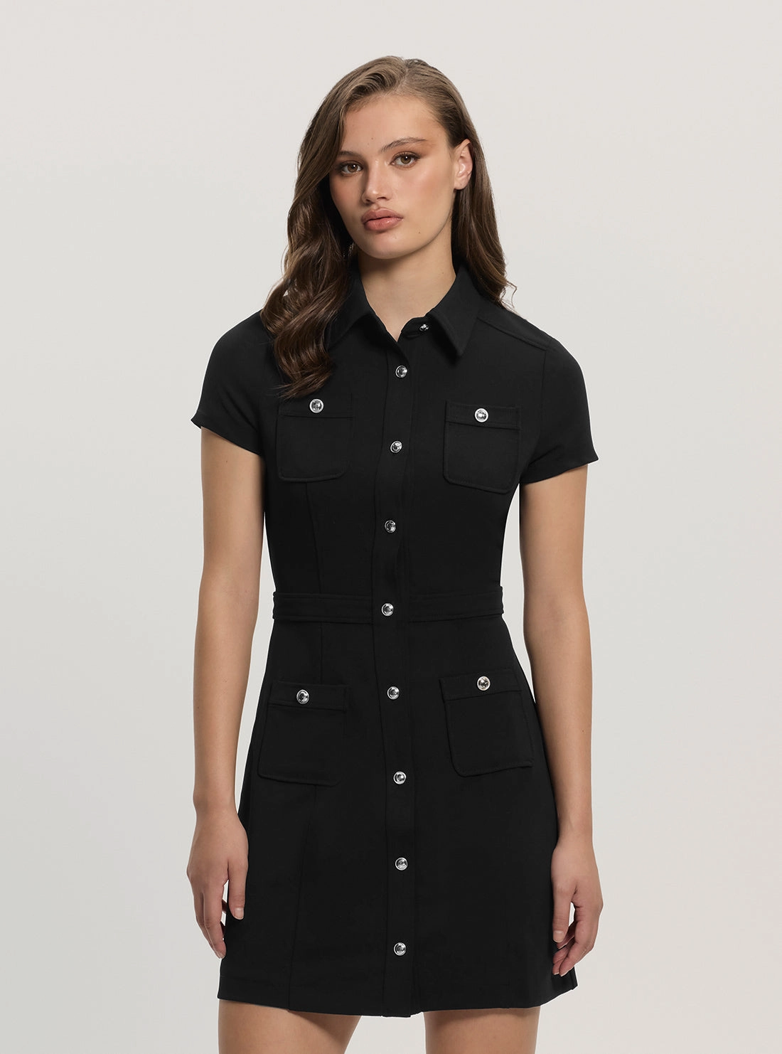 Edgy vibes Boat-Neck Black Elastic Elora Pockets Mini Dress