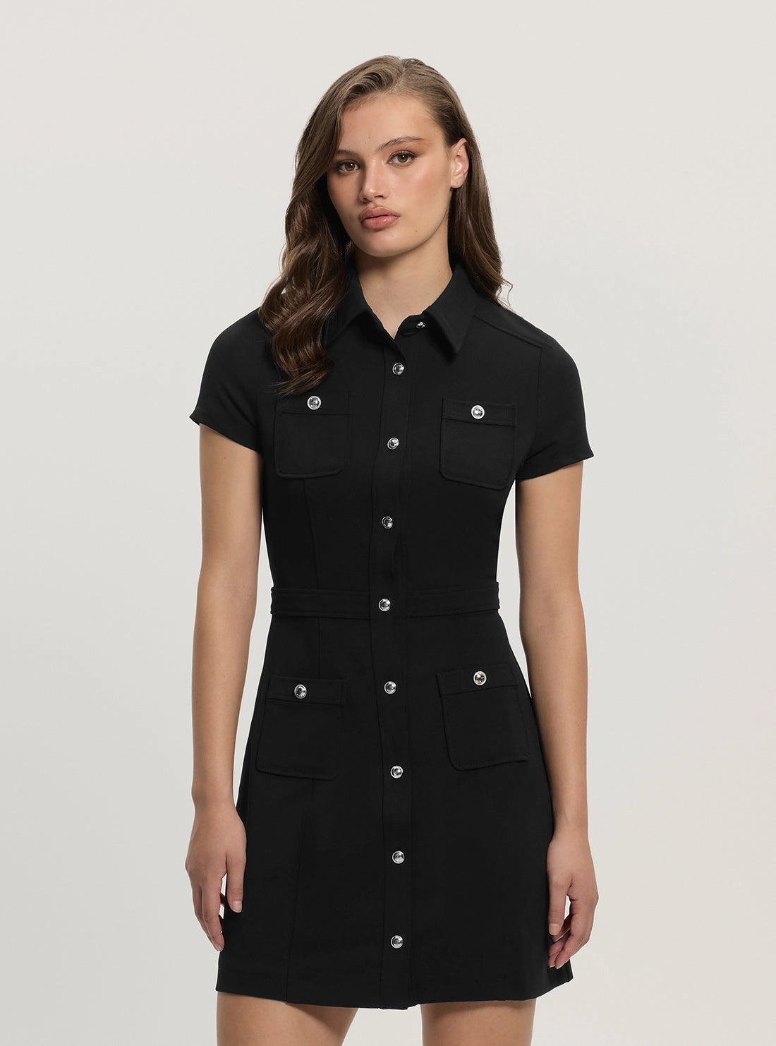 Black Elastic Elora Pockets Mini Dress flattering appearance AntiFrayEdging