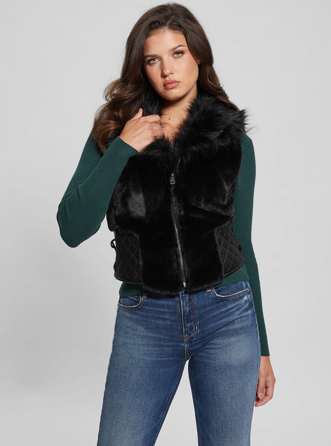 Black Emma Fur Vest Windproof Cuffs