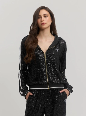 Flexible Hem Adjustment Everyday Active Style Black Mini Sequins Zip Jacket