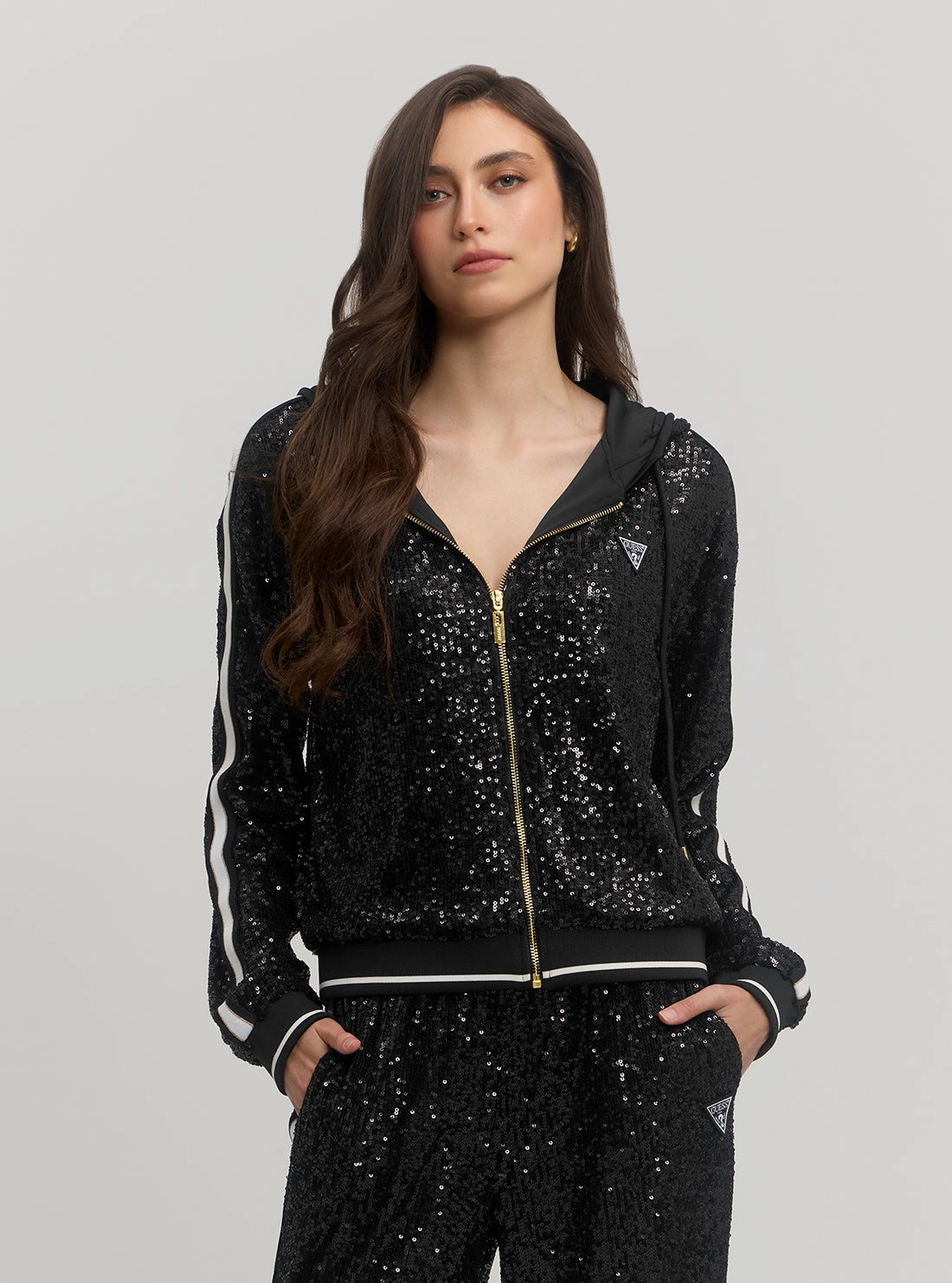Modern Functional Design Active Urban Layer Black Mini Sequins Zip Jacket
