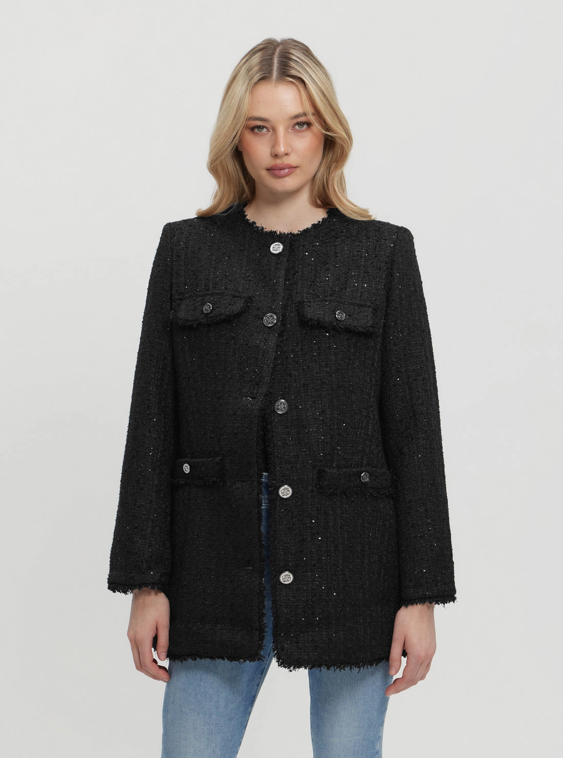 Non Restrictive Tailoring Stretch Comfort Design Black Noelie Tweed Jacket