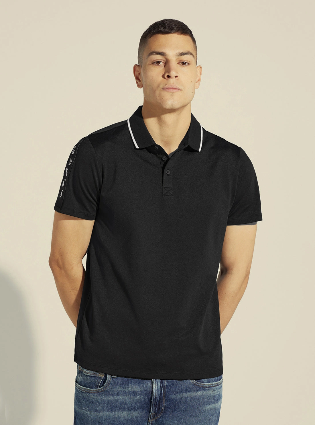 Black Paul Pique Tape Polo T-Shirt WrinkleResistant Cloth FlatlockSeamTechnique