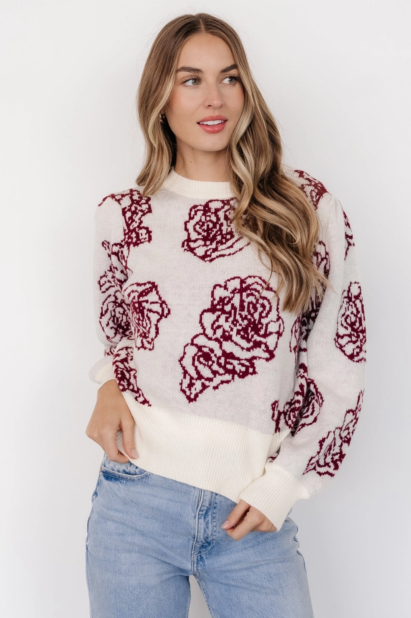 Non Irritating Seams Blake Floral Sweater | Off White   Burgundy