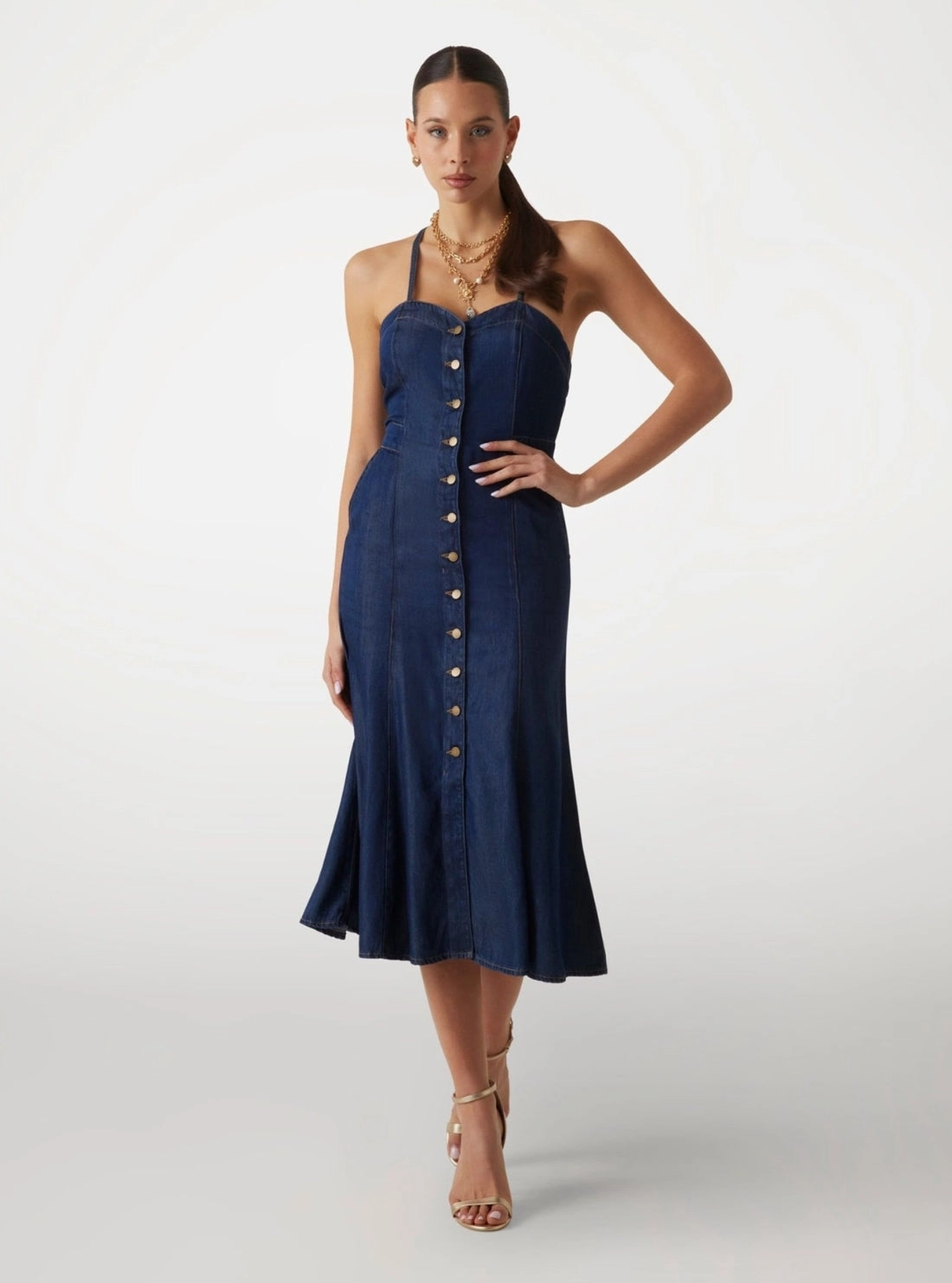 Blue Edna Denim Midi Dress Comfort Stretch Evening Motion