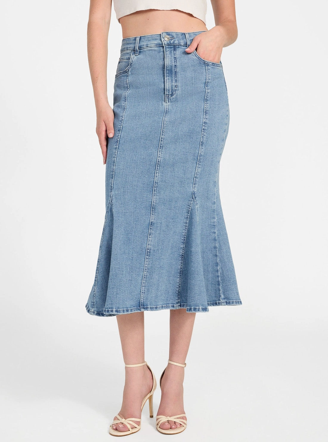 Functional Comfort Sleek Waist Design Blue Lia Denim Midi Skirt