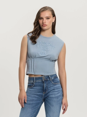 Blue Nautical Logo Corset Top BrushedInnerSurface WrinkleFree Weave