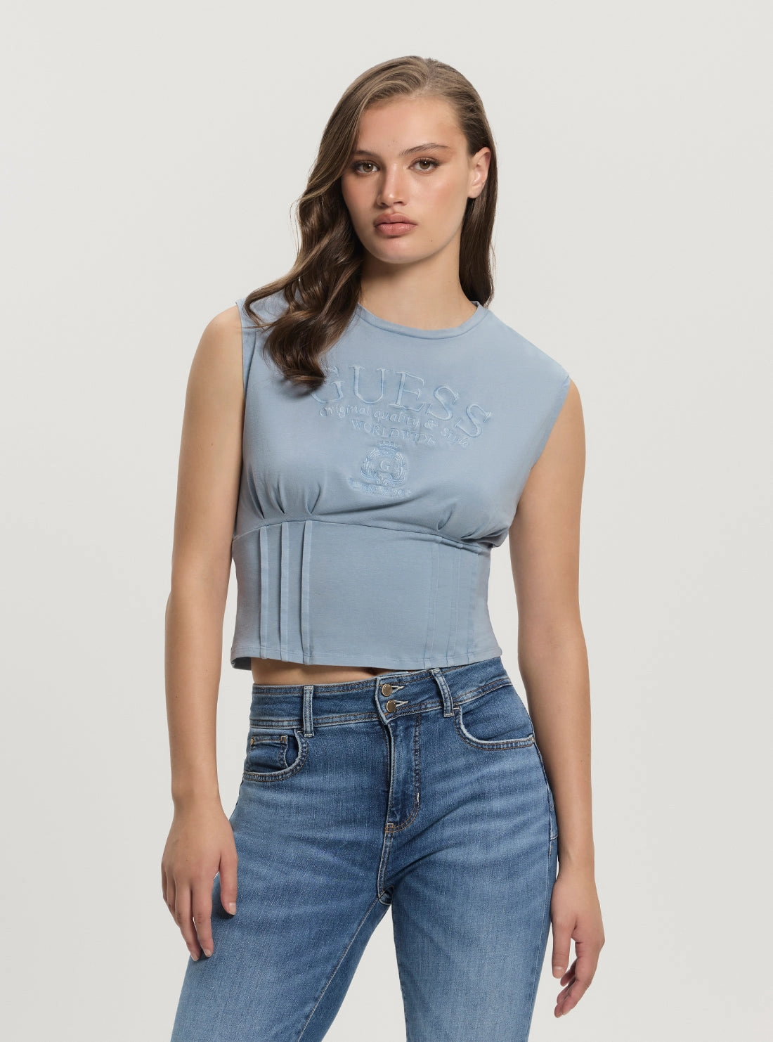 EcoFriendly Dye Process DoubleStitched Hemming Blue Nautical Logo Corset Top