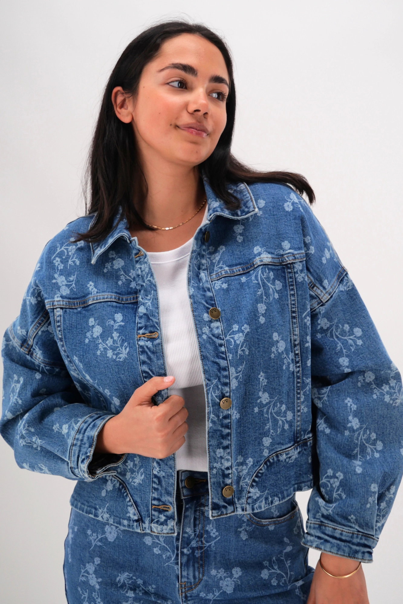 Leather Bits Cold Days Shine On Label Everlasting Cropped Denim Jacket Dark Indigo Floral Print