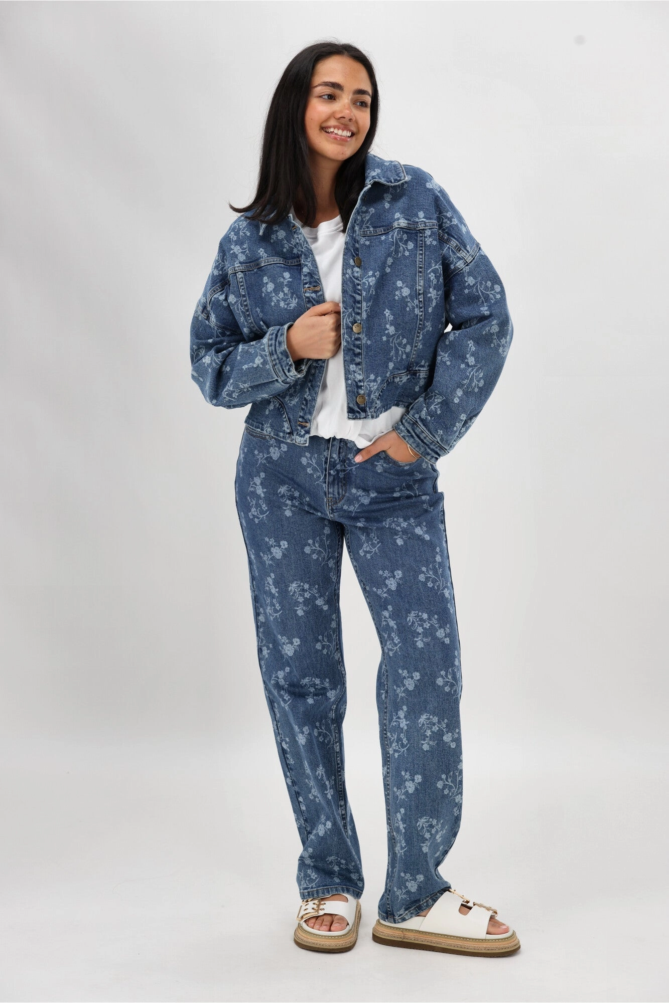 Shine On Label Everlasting Cropped Denim Jacket Dark Indigo Floral Print Adjustable Hem Cords