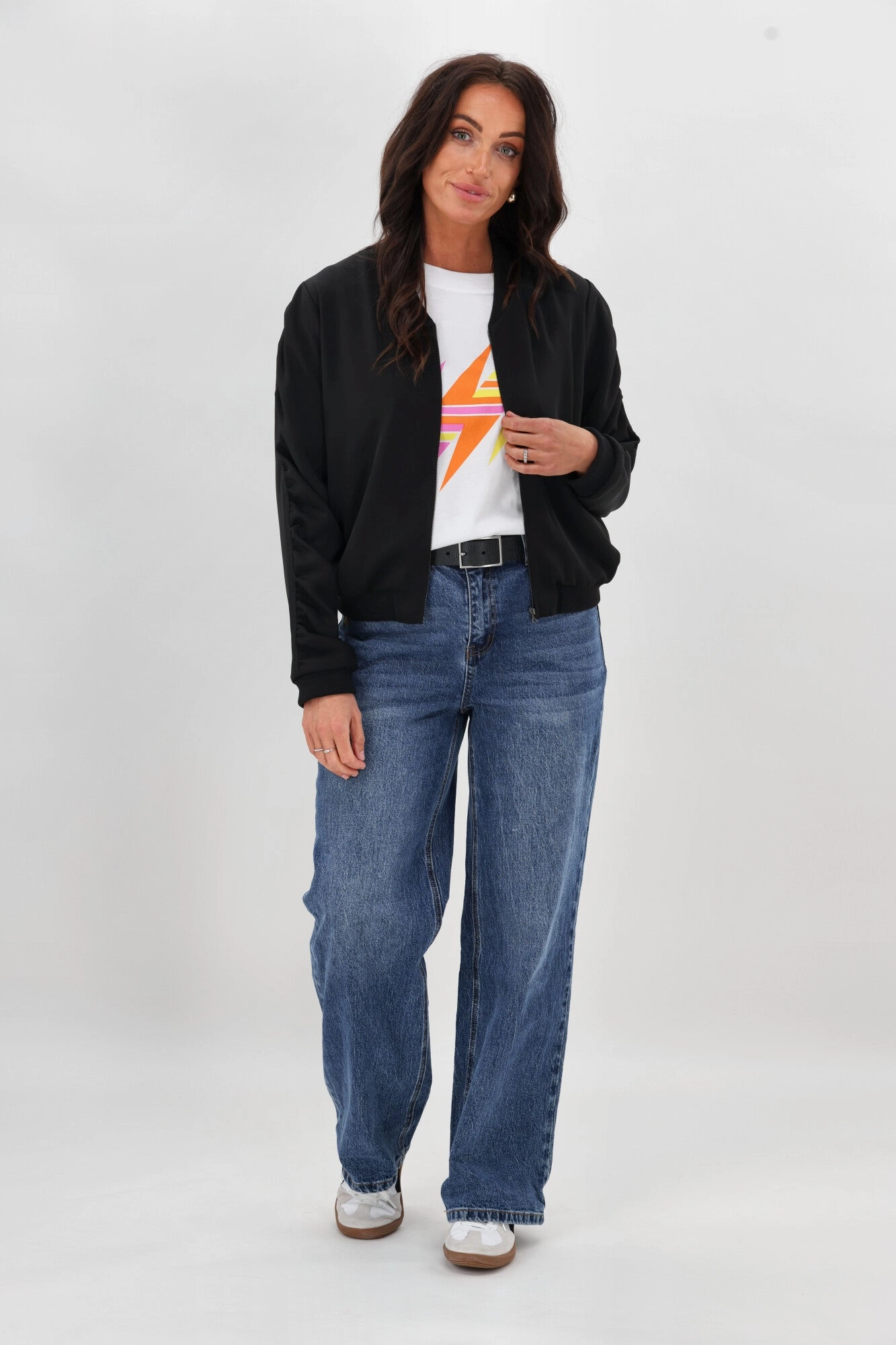 Non Restrictive Silhouette Shine On Label Hailey Gathered Sleeve Bomber Jacket Black