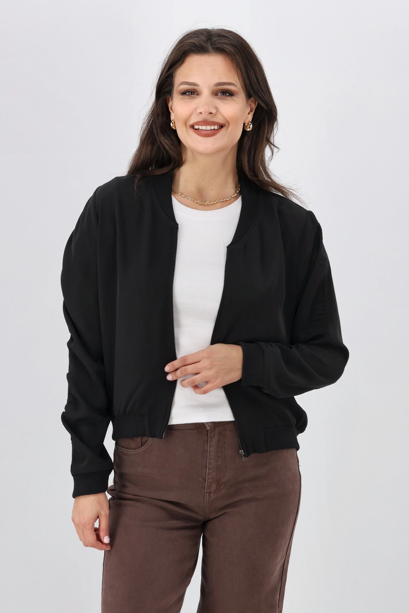 Reversible Layer Multi Use Piece Shine On Label Hailey Gathered Sleeve Bomber Jacket Black