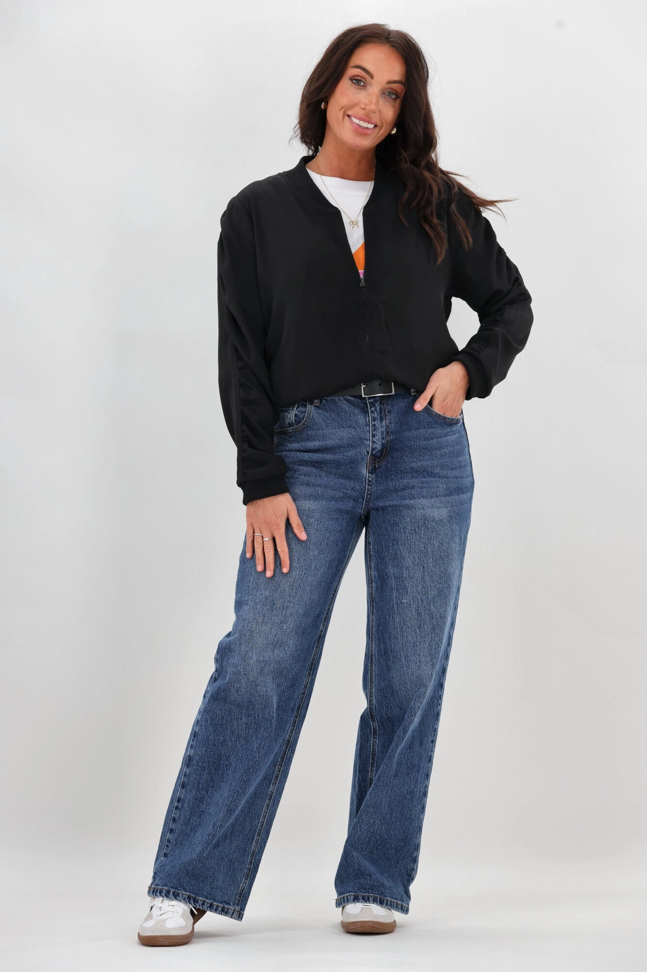 RibbedKnitCollar Abrasion Resistant Shell Shine On Label Hailey Gathered Sleeve Bomber Jacket Black