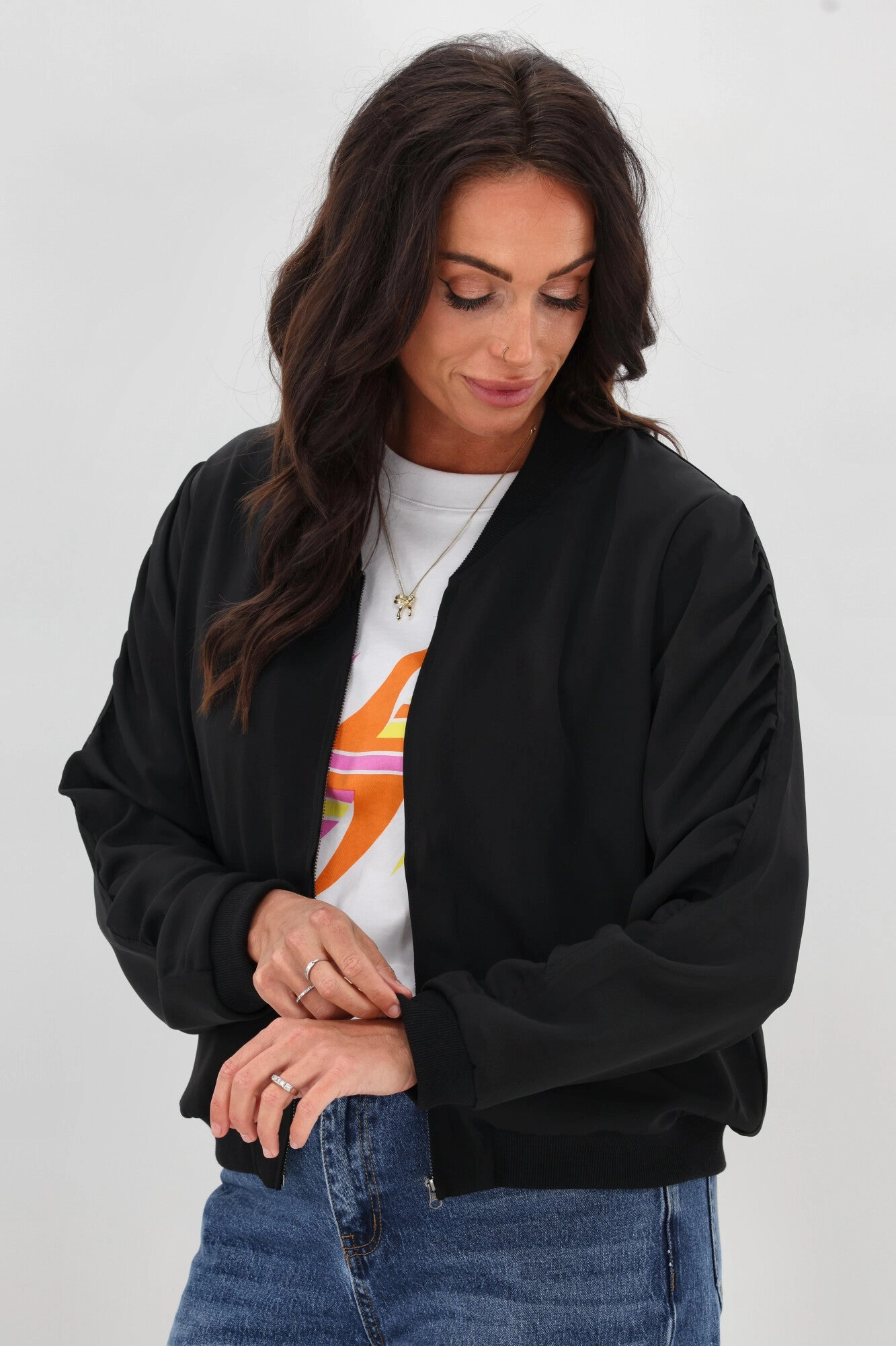 NonIrritatingLining ReinforcedElbows Shine On Label Hailey Gathered Sleeve Bomber Jacket Black