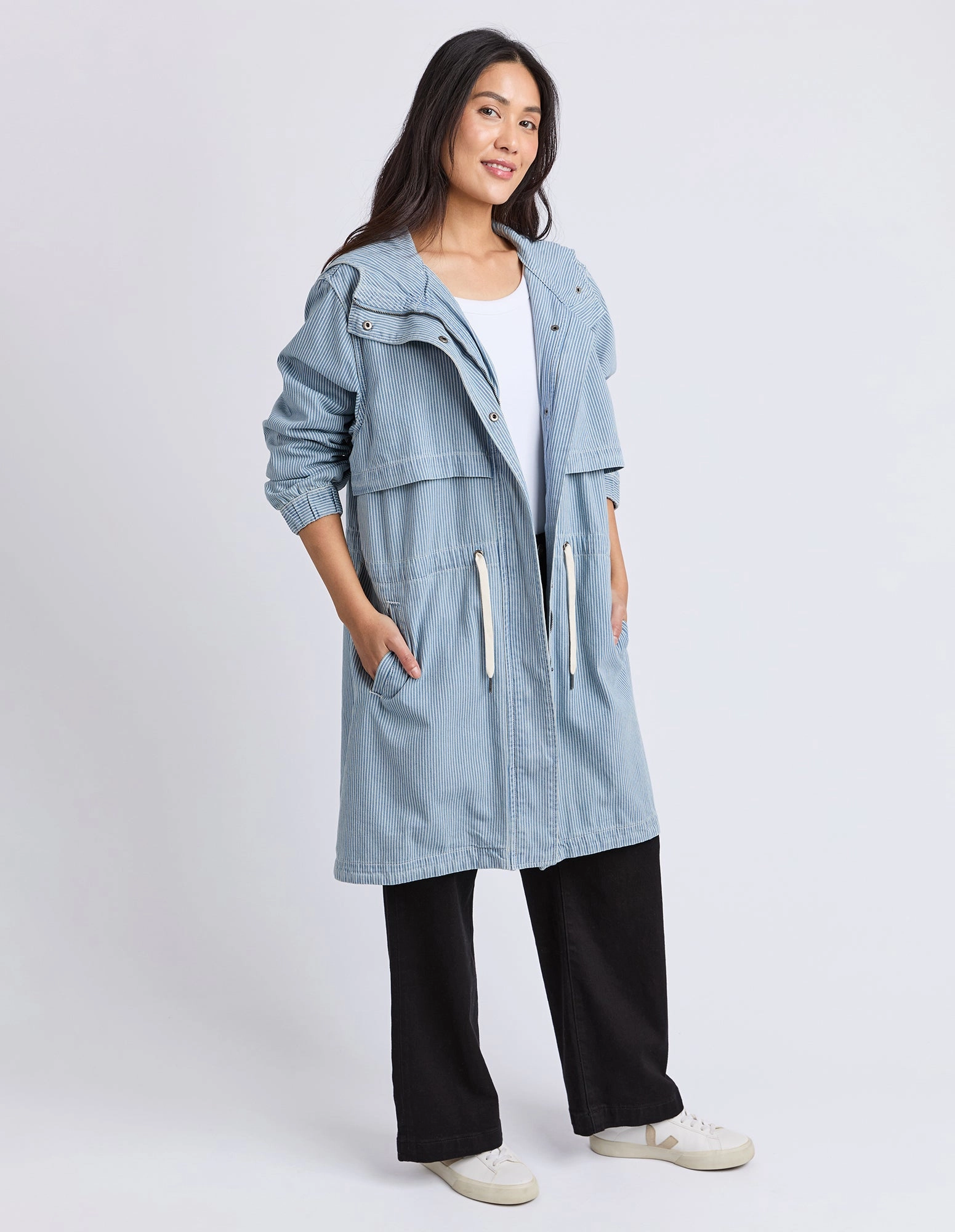 Elm Bennet Denim Parker Blue White Stripe Waterproof Shell Moisture Management Fabric