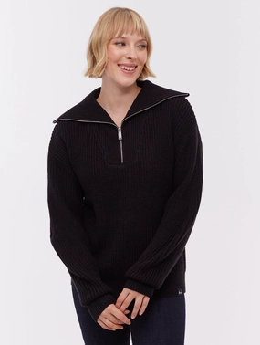 Thurynn Oversize Zippered Funnel Sweater - Black Contoured Armhole Design Flexible Knit Fabric