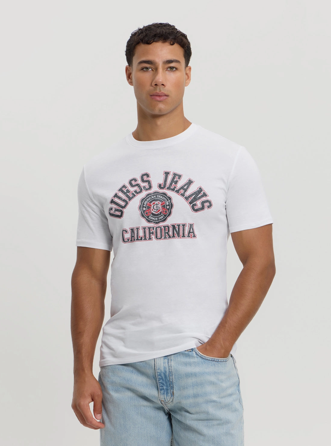 Guess Jeans White Slim Printed Tee Durable Reinforced Hem