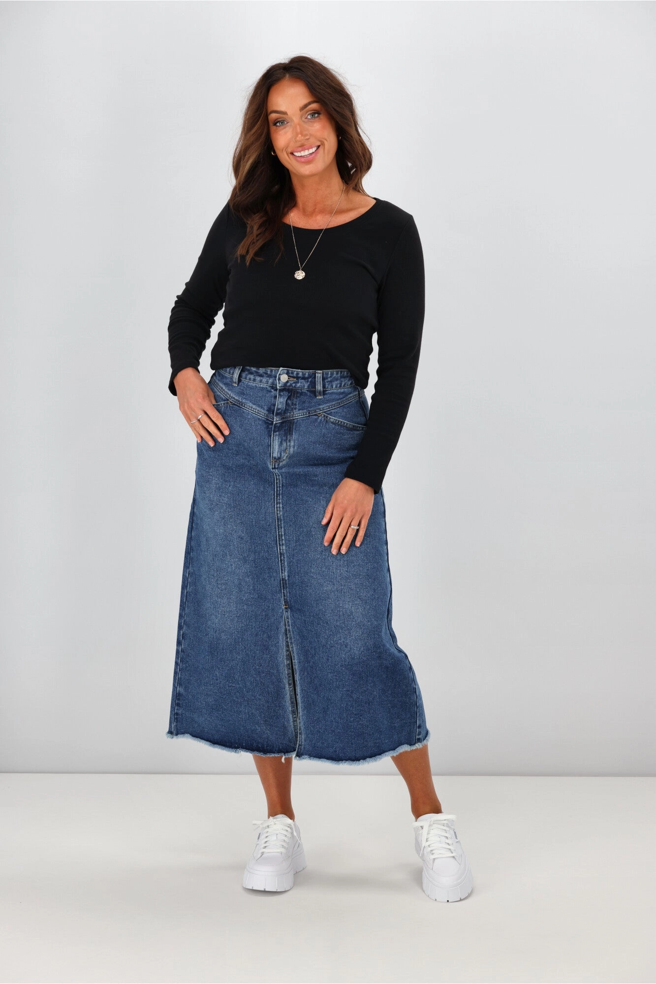 Street Ready Shine On Label Lawson Angle Yoke Long Denim Skirt Indigo
