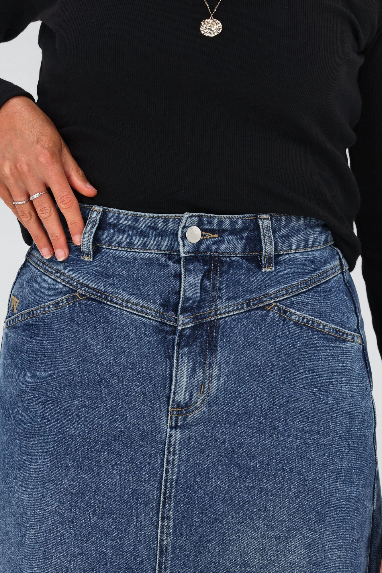 Shine On Label Lawson Angle Yoke Long Denim Skirt Indigo Seamless Edging button detail