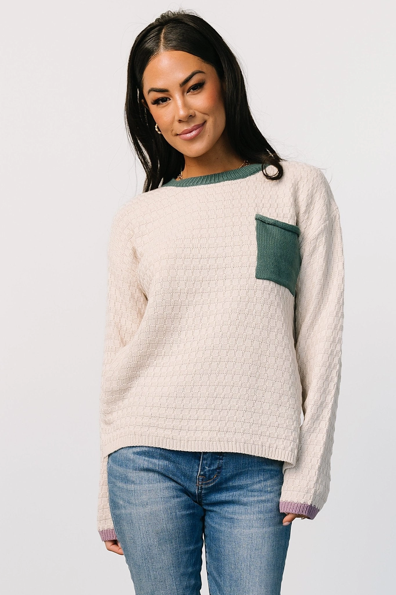 Brixton Weave Sweater | Oatmeal Soft Fabric Look Easy Care Fabric