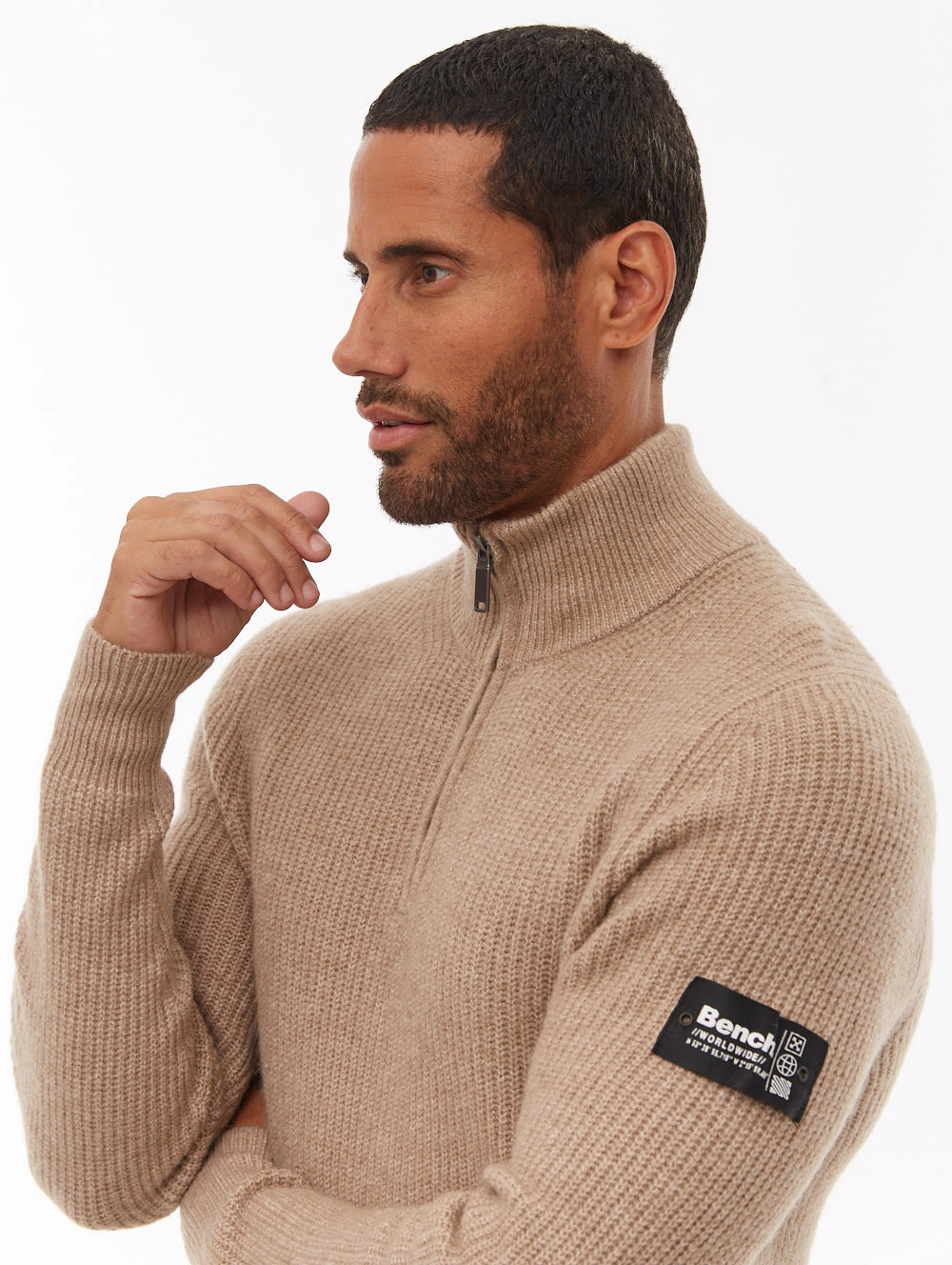 Yanta Quarter-Zip Funnel-Neck Sweater - Beige Lightweight Cable Pattern Premium Knitwear