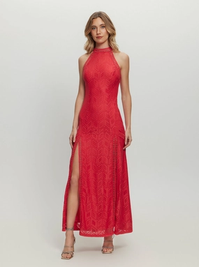 Red Breeze Geo Lace Maxi Dress Capsule-Wardrobe Subtle Drape