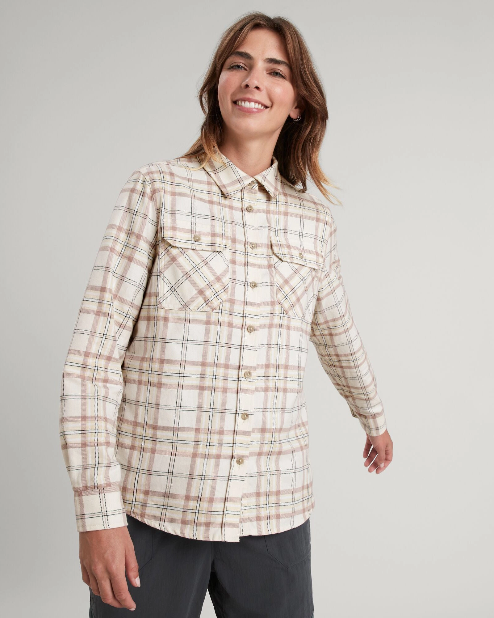 Carrillon Women's HF Long Sleeve Shirt - Natural/Drift Check Moisture Management Tech Timeless Wardrobe