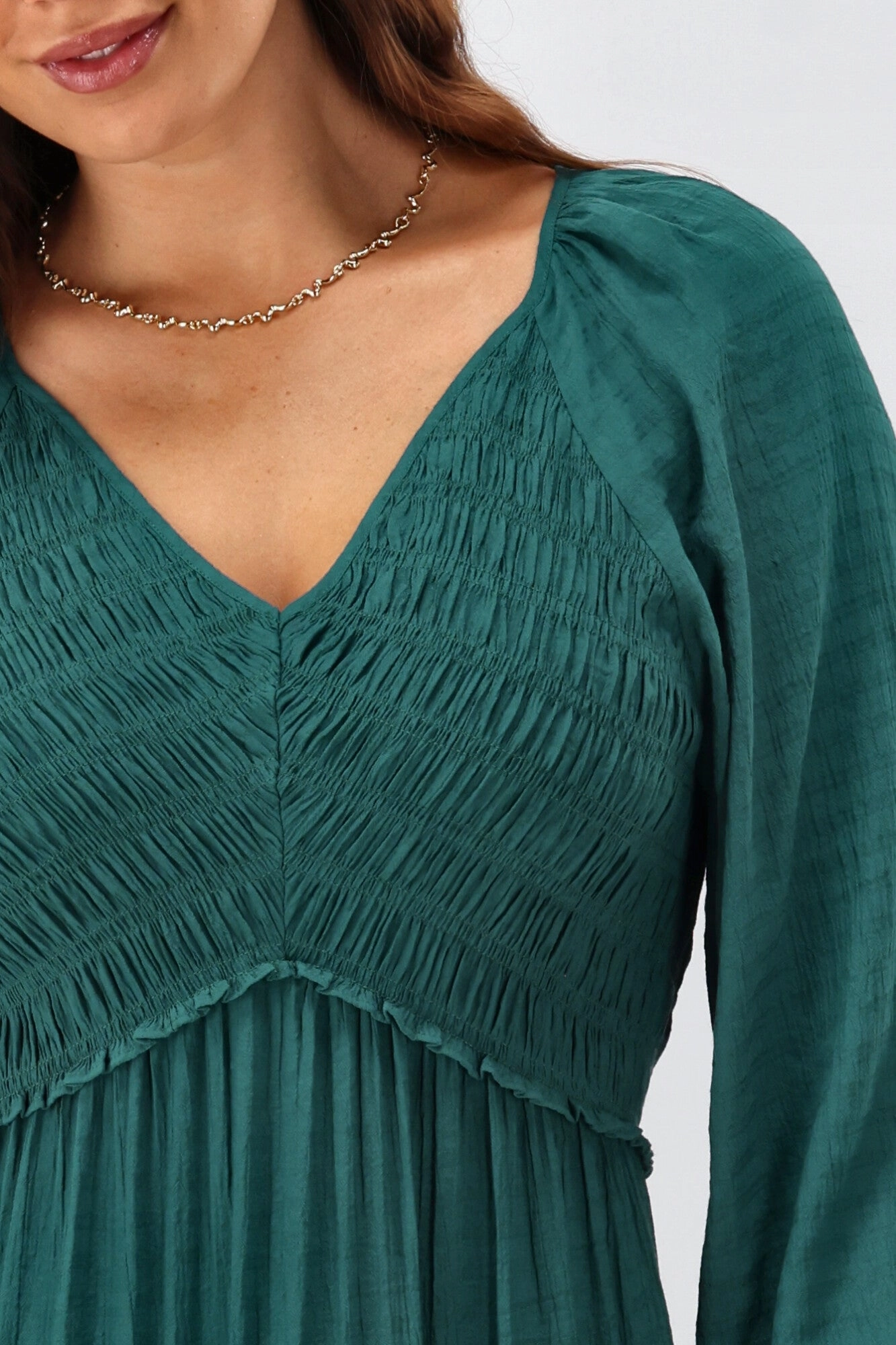 Gloss The Label Aurelia Angle Shirred Bodice Dress Teal Casual Chic