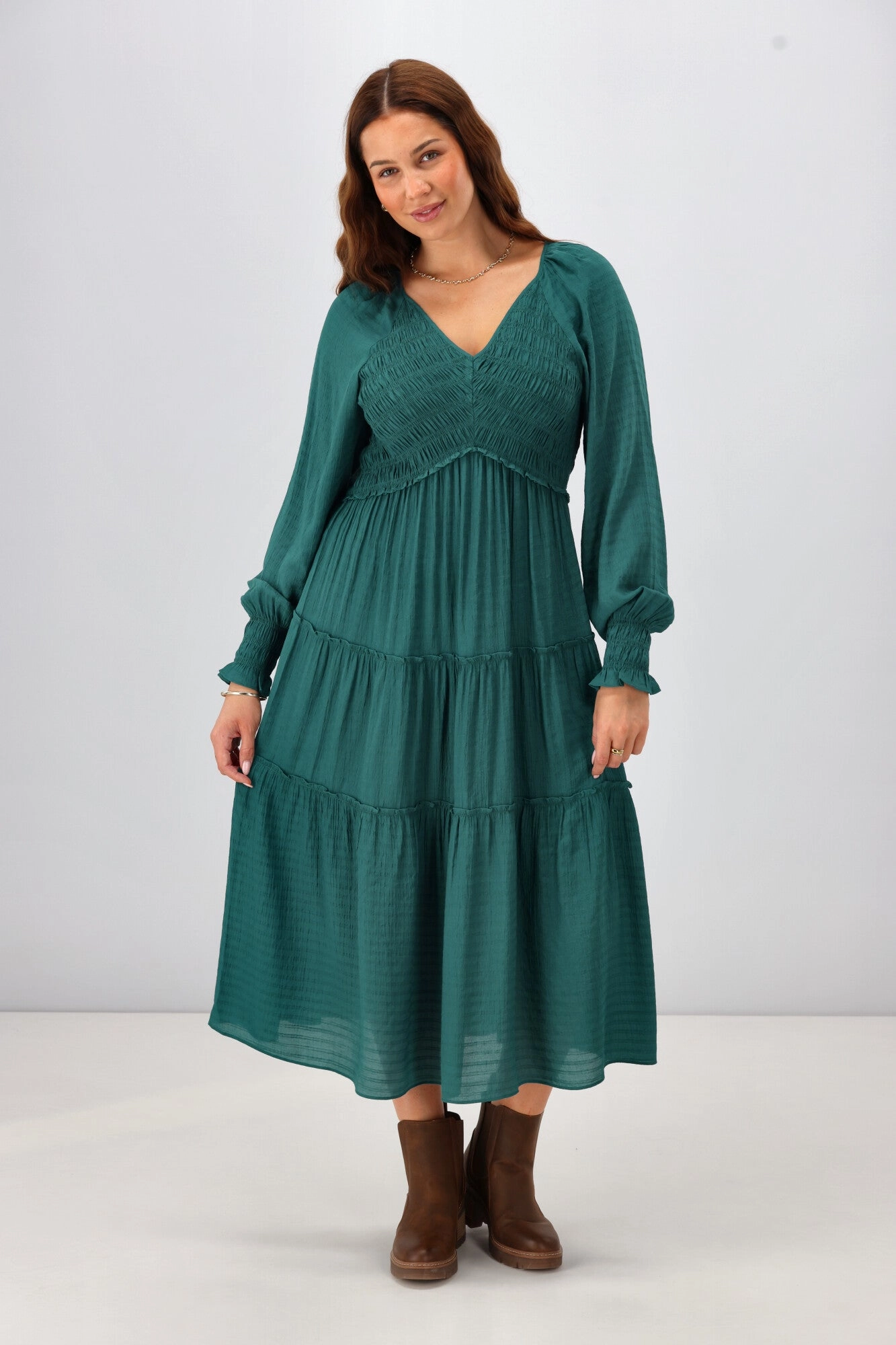 Lounge Fit Chic beachwear dress Gloss The Label Aurelia Angle Shirred Bodice Dress Teal