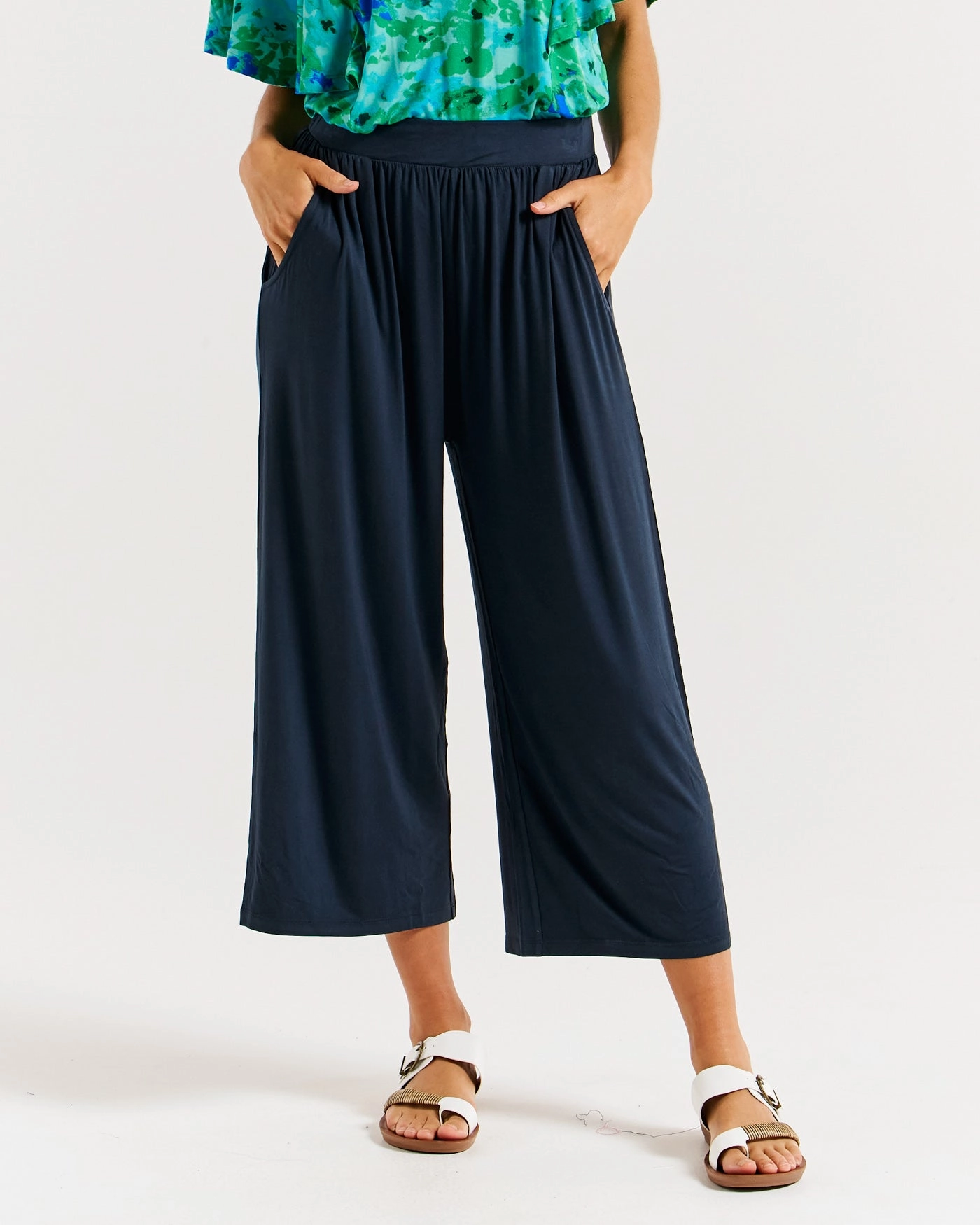 Betty Basics Athena Cropped Pant Petrol Solid Color Smart Stretch
