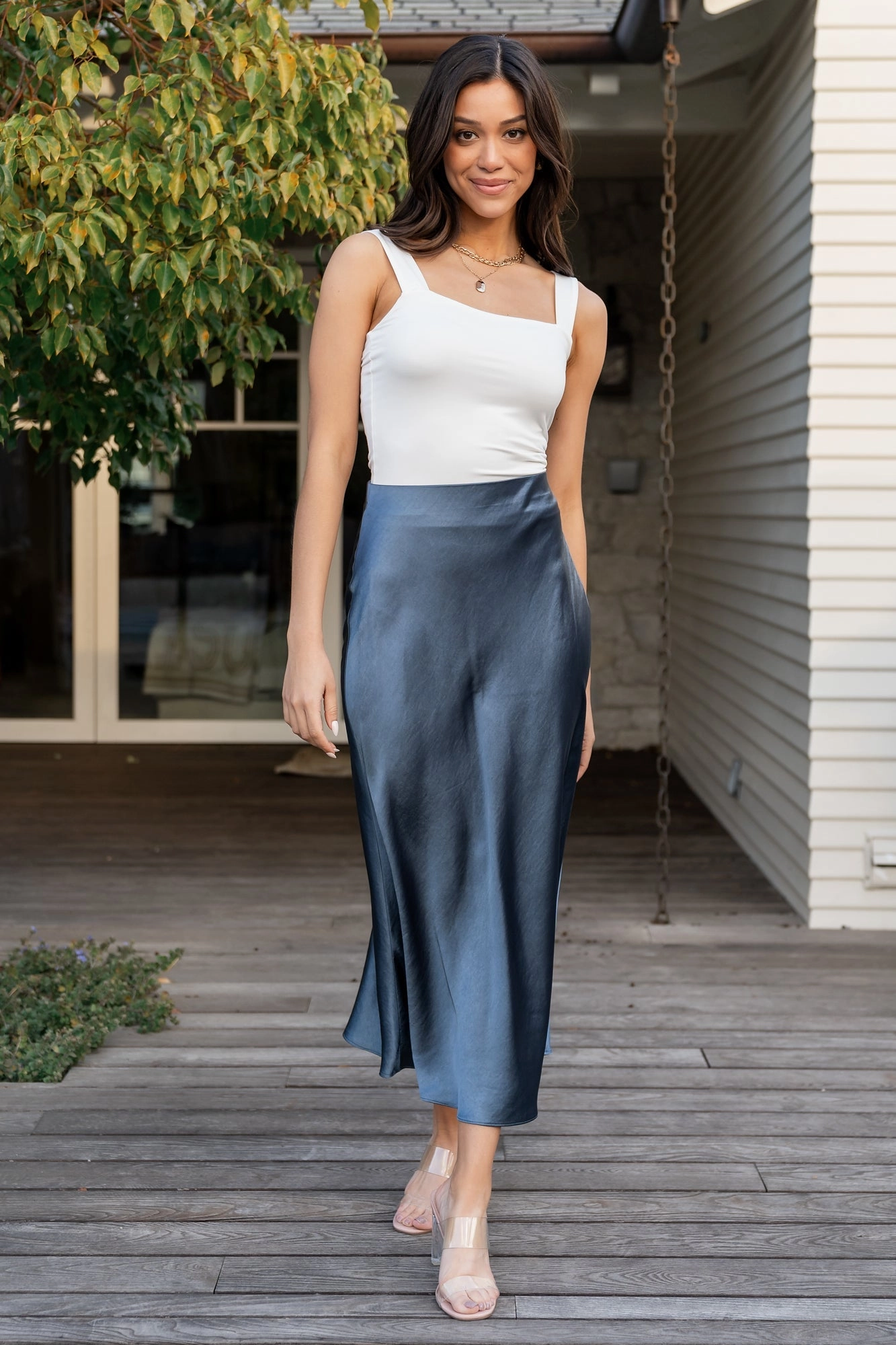 Celeste Satin Midi Skirt | Steel Blue Fresh Fit Fashion Week Ready