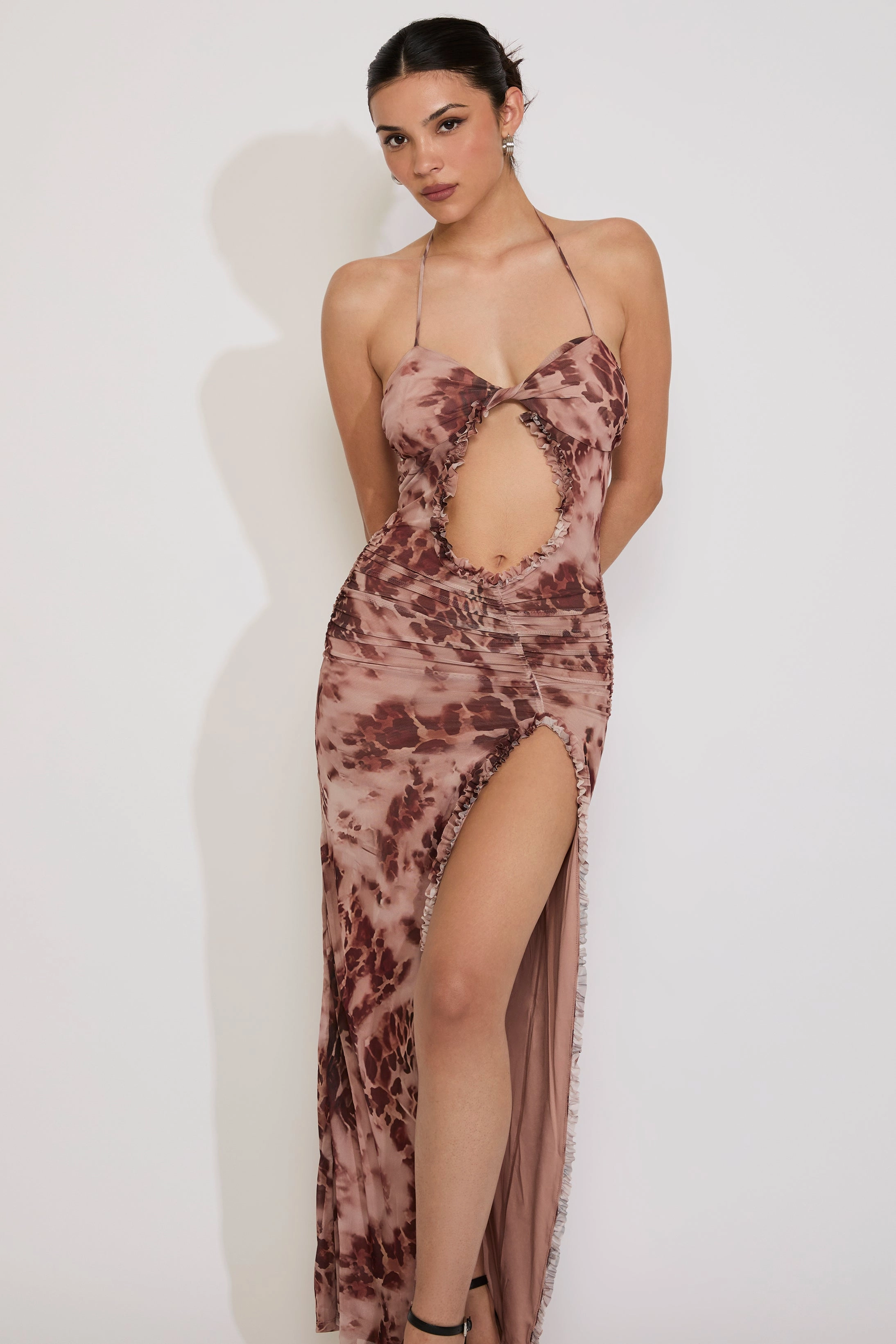 Comfort Mode LEOPARD CUTOUT HALTER SIDE SLIT MAXI DRESS