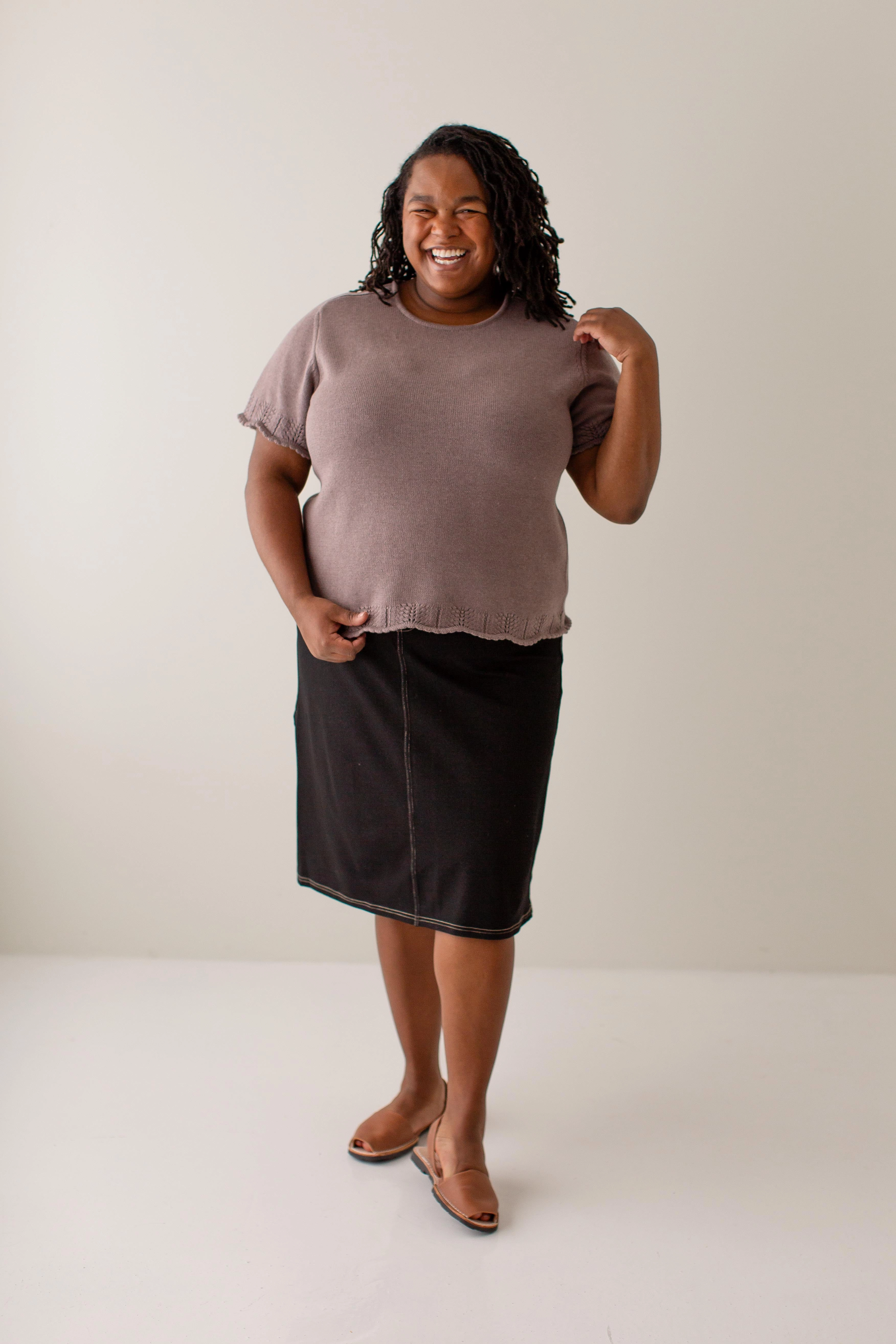 Stretchy 'Piper' Knee Length Knit Denim Skirt