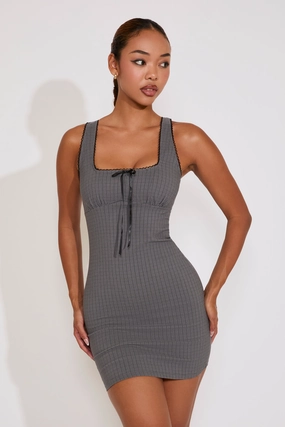 PLAID LACE TRIM FRONT TIE SLEEVELESS MINI DRESS Breezy Fit