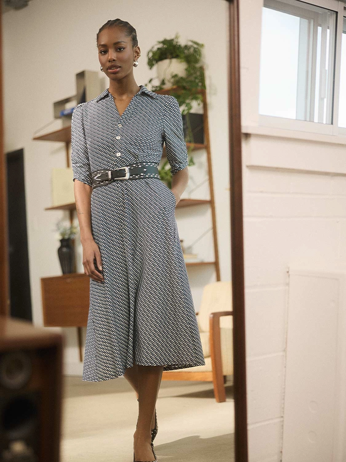 Kimono-Sleeve Geo Print Button-Front Midi Dress With Pockets