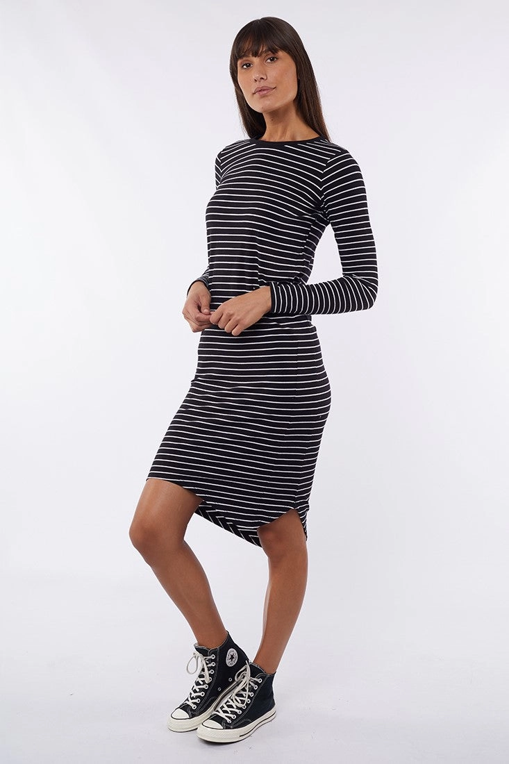 Silent Theory Dress Infinity L/S Black/White Stripe Tailored Layers Brunch Glow