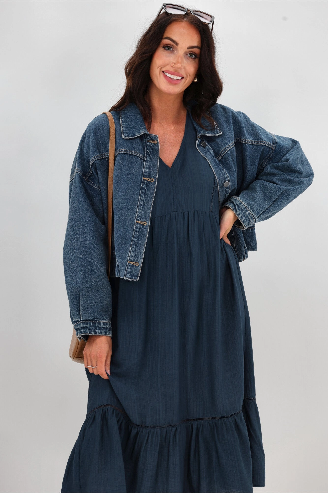 Sunday Boho Rachel Empire Seam Midi Dress Peacock Blue Refined Line