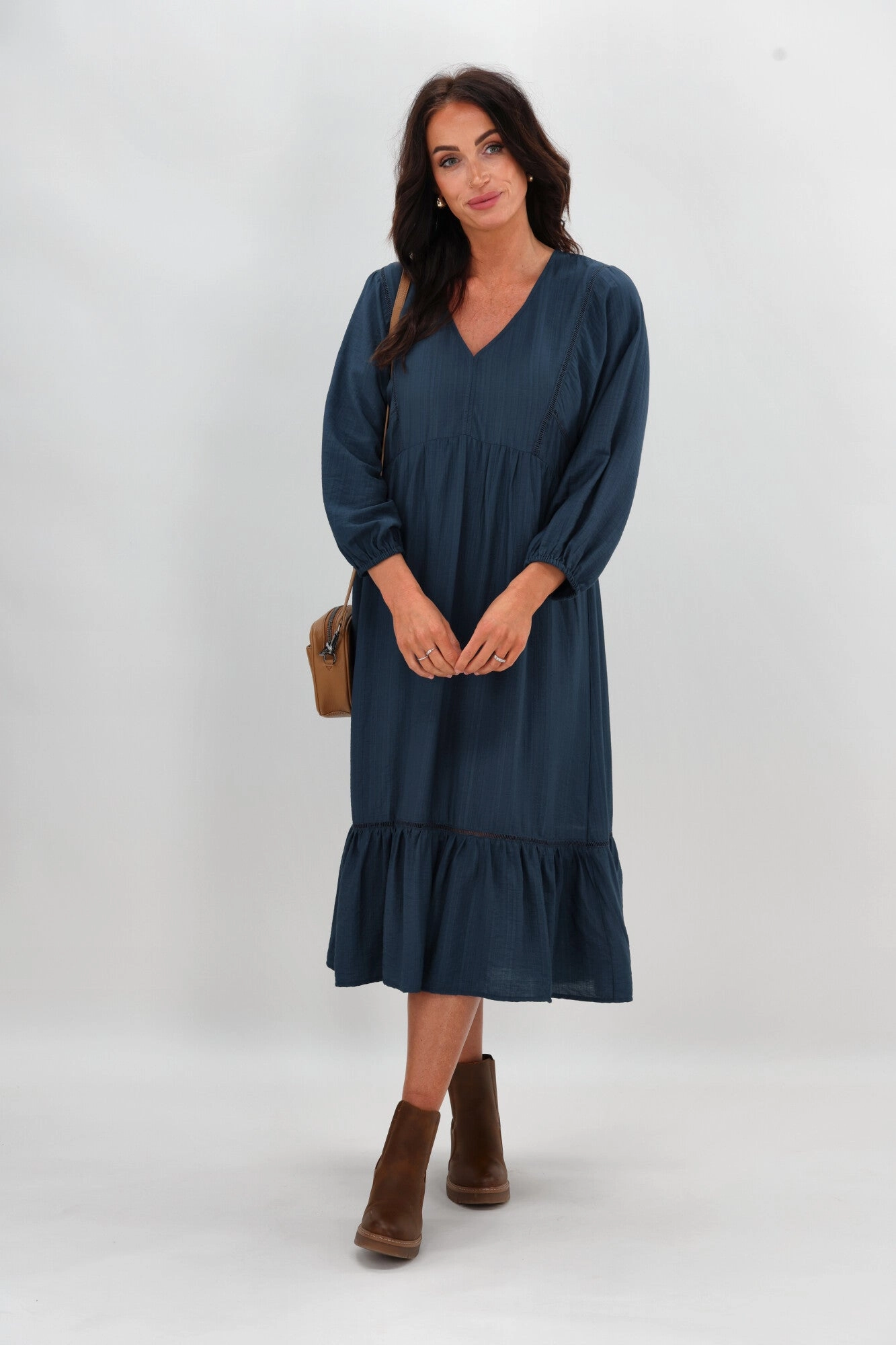Sunday Boho Rachel Empire Seam Midi Dress Peacock Blue ruffle trim Timeless Waist Fit