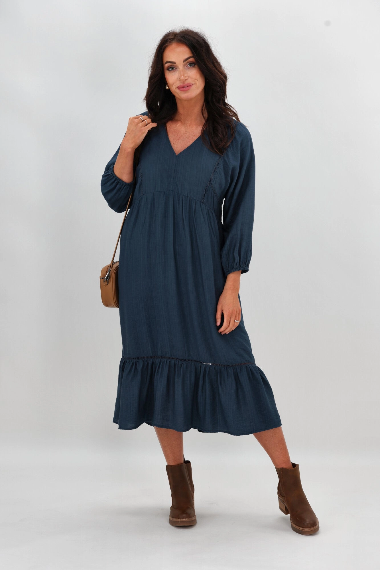 Sunday Boho Rachel Empire Seam Midi Dress Peacock Blue Shirred-Detail Elegant holiday wear